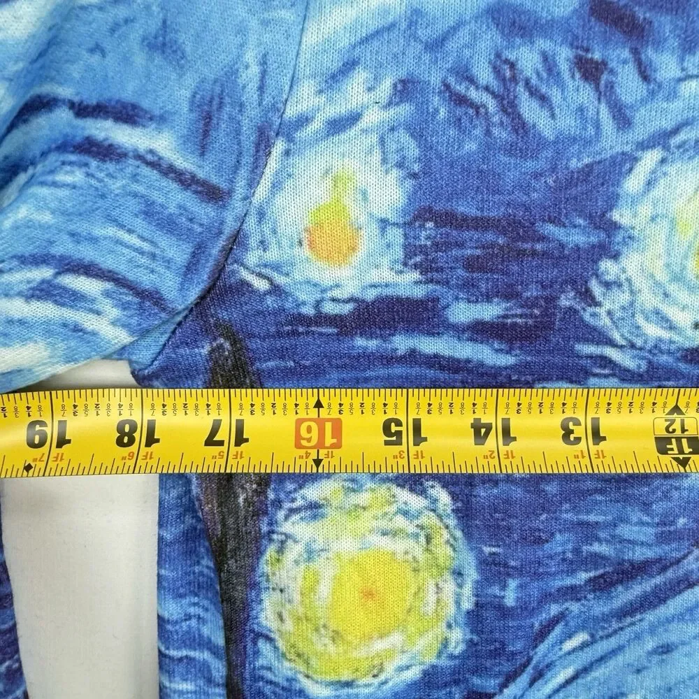 Starry Night Print Open Front Cardigan Women Size M Blue Art Knit